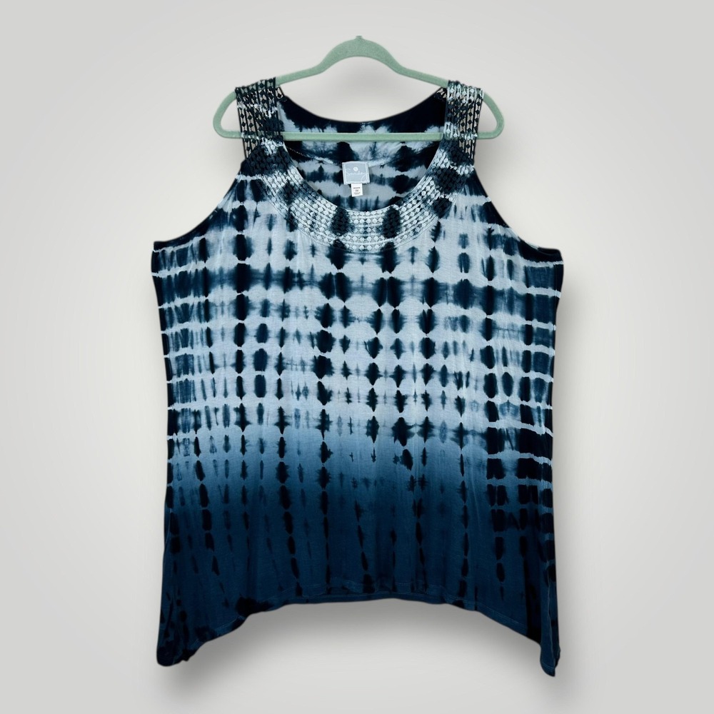 Sunday Tank Top Womens 3X Sleeveless Blue Tie Dye Embellished Neck Tunic‎ Plus